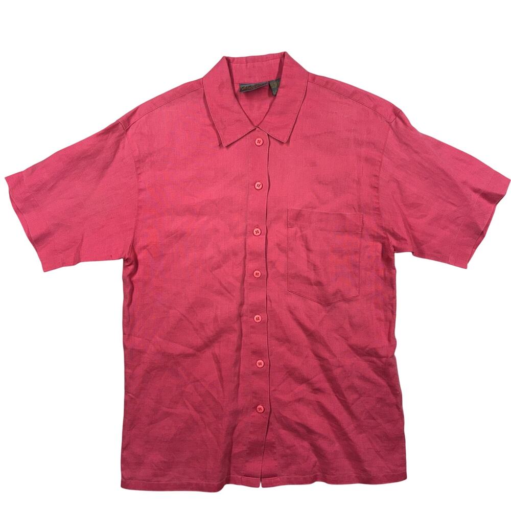 Vintage Linen Pink Shirt Womens 4 Red Short Sleeve Made in Hong Kong